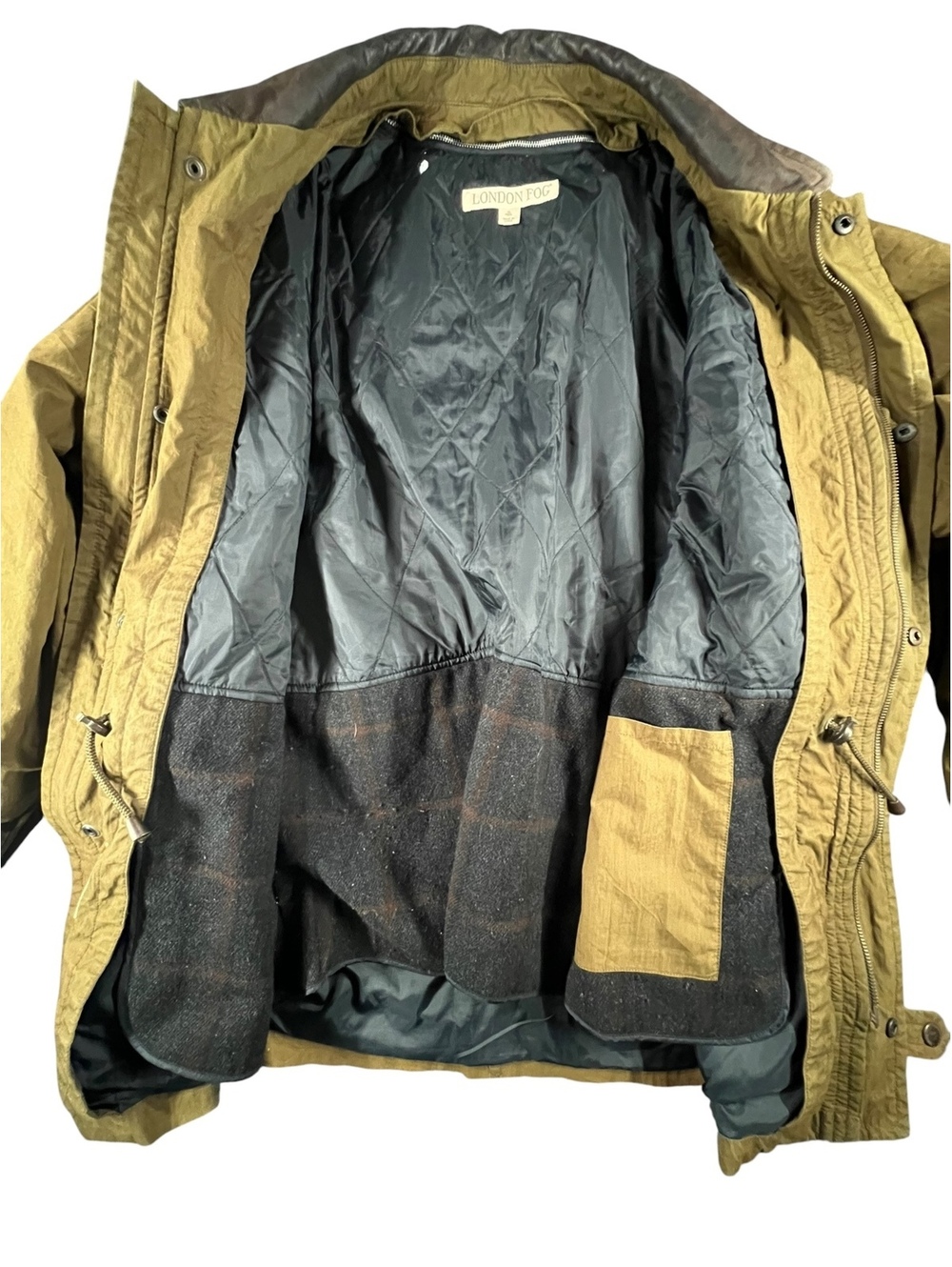 Vintage London Fog Olive Field Jacket Leather Collar Zip Out Liner 90s - Picture 6 of 8